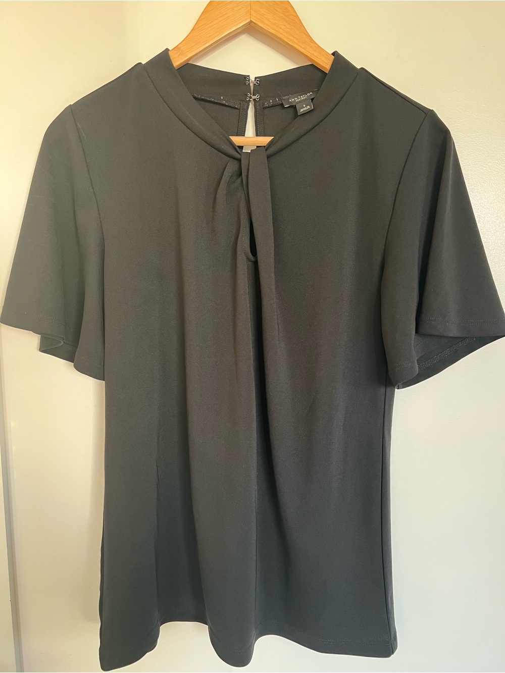 Ann Taylor Factory Black Short-Sleeve Blouse with Neck Tie Detail